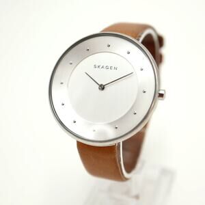 Skagen Gitte Slim Silver 38mm Minimal Dial Watch Brown Leather w New Battery